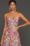 Apricot Floral Strapless A-Line Midi Formal Dress with Appliques