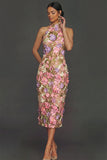 Apricot Floral High Neck Sheath Midi Formal Dress with Slit