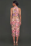 Apricot Floral High Neck Sheath Midi Formal Dress with Slit