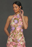 Apricot Floral High Neck Sheath Midi Formal Dress with Slit