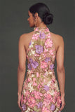 Apricot Floral High Neck Sheath Midi Formal Dress with Slit