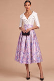 Purple Floral Jacquard A-Line Notch Lapel Midi Formal Dress with Sleeves