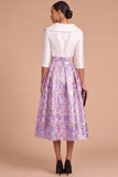 Purple Floral Jacquard A-Line Notch Lapel Midi Formal Dress with Sleeves