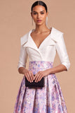 Purple Floral Jacquard A-Line Notch Lapel Midi Formal Dress with Sleeves