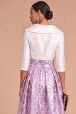 Purple Floral Jacquard A-Line Notch Lapel Midi Formal Dress with Sleeves