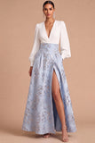 Light Blue Floral Jacquard A-Line V-Neck Long Formal Dress with Slit