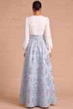 Light Blue Floral Jacquard A-Line V-Neck Long Formal Dress with Slit