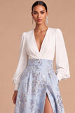 Light Blue Floral Jacquard A-Line V-Neck Long Formal Dress with Slit