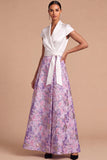 Floral Purple Jacquard A-Line V-Neck Long Formal Dress with Sash