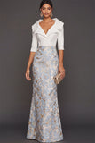Light Blue Floral Jacquard Mermaid V-Neck Long Formal Dress with Sleeves