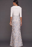 Light Blue Floral Jacquard Mermaid V-Neck Long Formal Dress with Sleeves