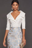 Light Blue Floral Jacquard Mermaid V-Neck Long Formal Dress with Sleeves