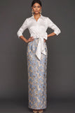 Floral Light Blue Jacquard Sheath Collar Neck Long Formal Dress with Bow