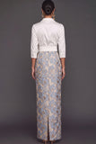 Floral Light Blue Jacquard Sheath Collar Neck Long Formal Dress with Bow
