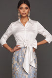 Floral Light Blue Jacquard Sheath Collar Neck Long Formal Dress with Bow