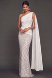 Sparkly Beaded White One Shoulder Mermaid Long Formal Dress with Cape