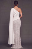 Sparkly Beaded White One Shoulder Mermaid Long Formal Dress with Cape