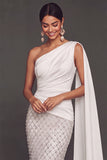 Sparkly Beaded White One Shoulder Mermaid Long Formal Dress with Cape