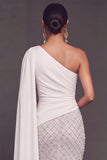 Sparkly Beaded White One Shoulder Mermaid Long Formal Dress with Cape