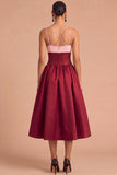 Dark Red A-Line Spaghetti Straps Midi Formal Dress