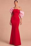 Red Mermaid One Shoulder Puff Sleeves Long Mermaid Formal Dress