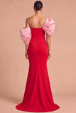 Red Mermaid One Shoulder Puff Sleeves Long Mermaid Formal Dress