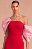 Red Mermaid One Shoulder Puff Sleeves Long Mermaid Formal Dress