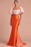 Orange Cut Out Square Neck Puff Sleeves Mermaid Long Formal Dress
