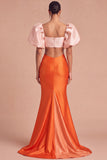 Orange Cut Out Square Neck Puff Sleeves Mermaid Long Formal Dress