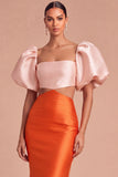 Orange Cut Out Square Neck Puff Sleeves Mermaid Long Formal Dress