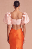 Orange Cut Out Square Neck Puff Sleeves Mermaid Long Formal Dress
