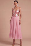 Sparkly Pink Corset Sequins Pleated Midi Formal Dress with Pearls