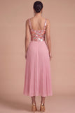 Sparkly Pink Corset Sequins Pleated Midi Formal Dress with Pearls