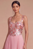 Sparkly Pink Corset Sequins Pleated Midi Formal Dress with Pearls