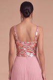 Sparkly Pink Corset Sequins Pleated Midi Formal Dress with Pearls