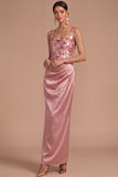 Sparkly Pink Sequins Mermaid Square Neck Ruched Long Formal Dress