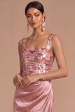 Sparkly Pink Sequins Mermaid Square Neck Ruched Long Formal Dress