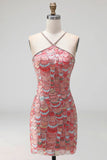 Sparkly Pink Bodycon Halter Sequins Short Formal Dress