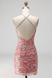 Sparkly Pink Bodycon Halter Sequins Short Formal Dress