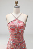 Sparkly Pink Bodycon Halter Sequins Short Formal Dress