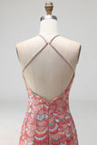 Sparkly Pink Bodycon Halter Sequins Short Formal Dress