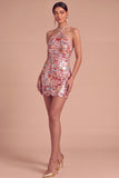 Sparkly Pink Bodycon Halter Sequins Short Formal Dress