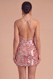 Sparkly Pink Bodycon Halter Sequins Short Formal Dress