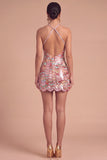 Sparkly Pink Bodycon Halter Sequins Short Formal Dress