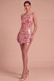 Sparkly Pink Bodycon Halter Sequins Short Formal Dress