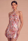 Sparkly Pink Bodycon Halter Sequins Short Formal Dress