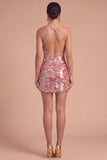 Sparkly Pink Bodycon Halter Sequins Short Formal Dress