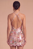 Sparkly Pink Bodycon Halter Sequins Short Formal Dress