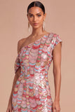Sparkly Pink Sequins One Shoulder Mermaid Midi Formal Dress