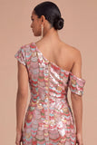 Sparkly Pink Sequins One Shoulder Mermaid Midi Formal Dress